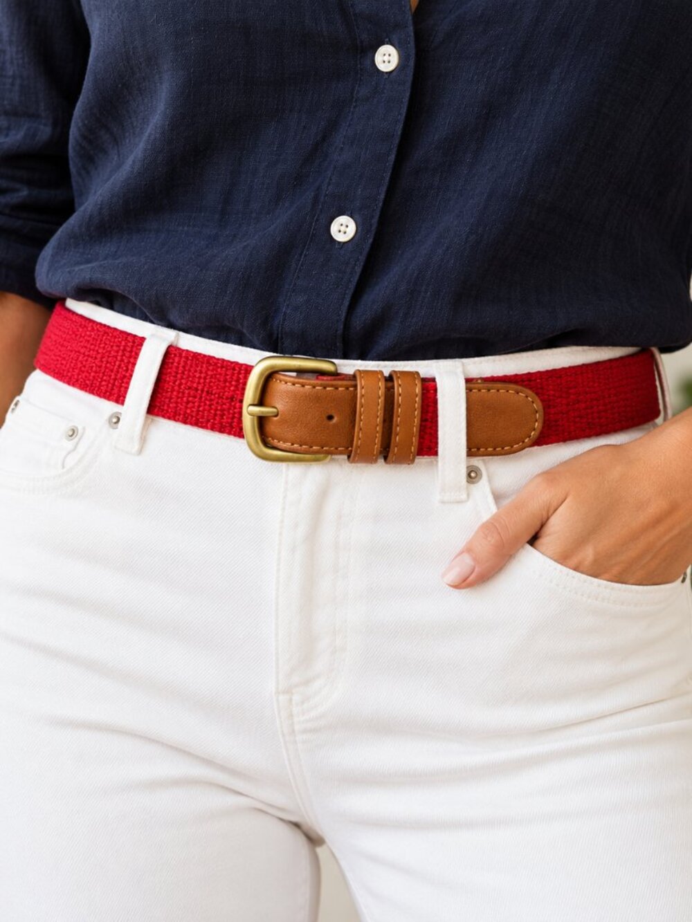 Coach Red Woven Fabric Belt with Tan Leather Trim & Brass Buckle – Size 36